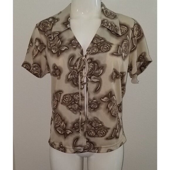 NWT California Edge Brown Floral Shirt Top Juniors Large Ties In Front Roses - Picture 1 of 8